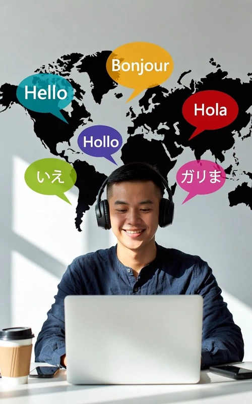 A smiling student wears headphones while participating in a virtual online language school class.