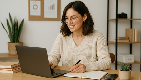 A focused professional wearing glasses, typing on a laptop and taking notes during a digital skill development course.